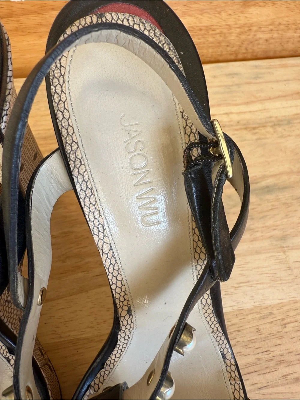 Jason Wu Pearl Stud Wedge Sandals Black Leather Slingback Heels Size 40